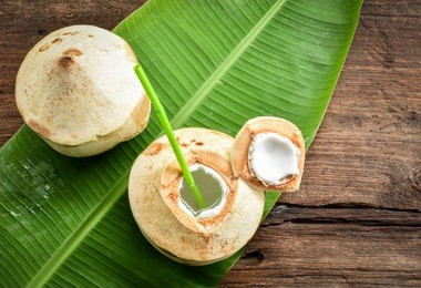 two fresh coconut fruits ready to serve as beverage. young coconut fruit cut open to drink sweet  juice and eat. flat lay on green banana leaf and wood background.
