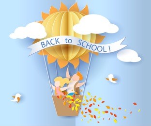 back to school 1 september card with kids, leaves and sun shaped air balloon on blue sky background. vector illustration. paper cut and craft style.