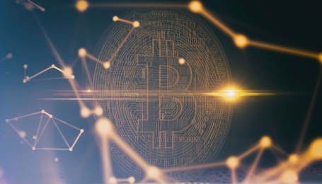 bitcoins, new virtual money on various digital background, 3d render/ 3 illustration