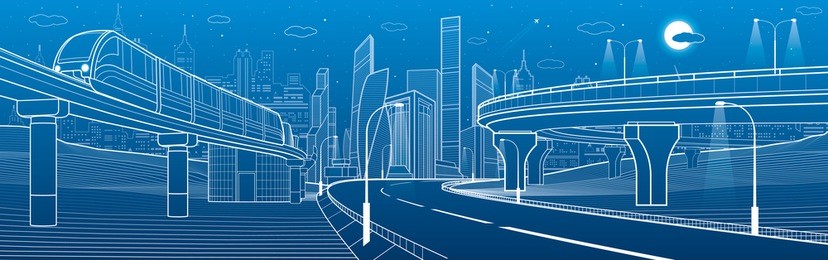 city infrastructure transport scene. monorail railway. automotive flyover. train move over overpass. modern city. plane fly. towers and skyscrapers. white lines on blue background, vector design art
