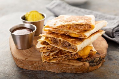 pulled pork quesadillas with cheddar cheese and bbq sauce