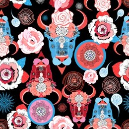 beautiful vector pattern of portraits of bulls on a dark background with roses