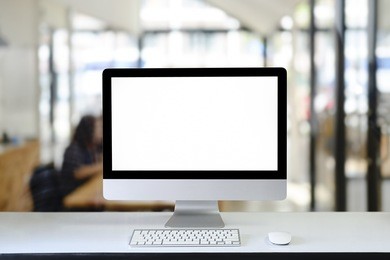 comfortable computer pc workplace with modern computer with empty screen.