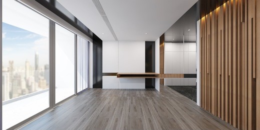 modern hall interior background.empty room with huge windows overlooking sea view- 3d render