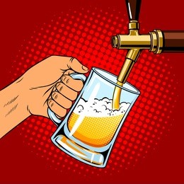 man pours beer into glass from beer tap pop art hand drawn vector illustration.