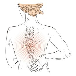 vector illustration with person suffering from pain in the back. worried back. injured person.  sketch. 