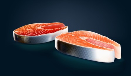 a realistic illustration of a (chinook, king, pacific) wild salmon meat sliced and a farmed salmon meat sliced isolated on dark blue.