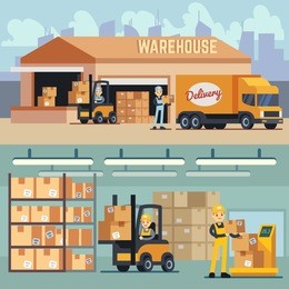 warehouse storage and shipping logistics vector concept. storage and transportation cargo, delivery and shipping illustration