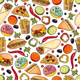 vector fast food seamless pattern. burger pizza slice, roll doner kebab potato fry sandwich donut vegetables objects. fast food flat cartoon isolated illustration on a white background.