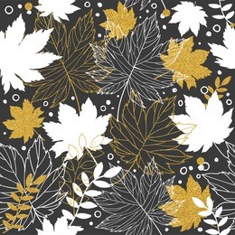 gold autumn leaves seamless pattern with gold glitter texture. stylish background, textile or wrapping paper design. vector illustration