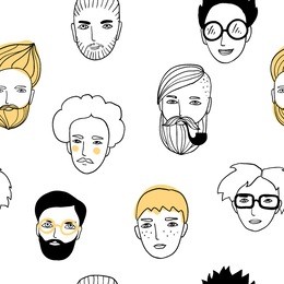 seamless pattern with cute faces of people. doodle portraits of guys. trendy hand drawn background. line sketch style cartoon vector illustration.