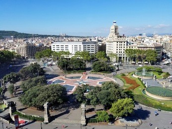 plaza catalunya in barcelona, spain. panoramic view of barcelona city center. placa de catalunya