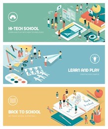school, education and learning banners set with kids, teachers and objects