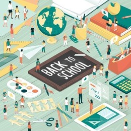 children learning and playing together on a desk with books, tablet and school supplies: education and back to school concept