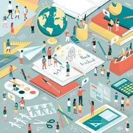 children learning and playing together on a desk with books, tablet and school supplies: education and back to school concept