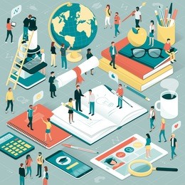 college and university students, researchers and professors studying together, school supplies and digital tablet: education and research concept