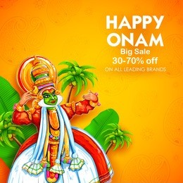 illustration of colorful kathakali dancer on advertisement and promotion background for happy onam festival of south india kerala