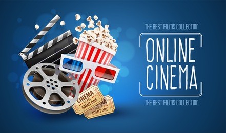 online cinema art movie watching with popcorn, 3d glasses and film-strip cinematography concept. eps10 realistic vector illustration.