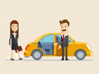businessman open the door of taxi and invite businesswoman to the taxi. business and finance concept. vector, illustration, flat