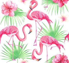 seamless tropical pattern with flowers, palm leaves and flamingo on white background. watercolor hand drawn illustration.