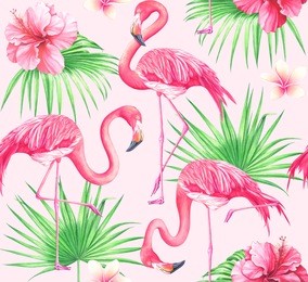 seamless tropical pattern with flowers, palm leaves and flamingo on pink background. watercolor hand drawn illustration.