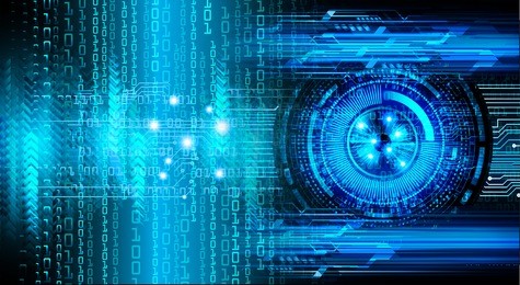 binary circuit future technology, blue eye cyber security concept background, abstract hi speed digital internet.motion move blur. pixel.
