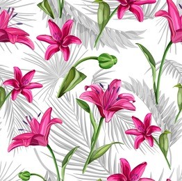 vector lily flower seamless pattern. realistic sketch hand drawn illustration. floral blossoms blooming on the background of tropical leaves. summer time, vacation symbol