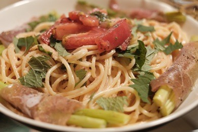 japanese home made tarako pasta with vegetables.