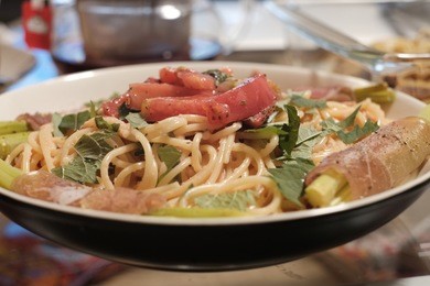 japanese home made tarako pasta with vegetables.