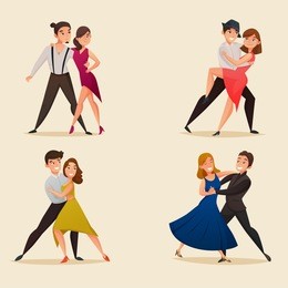 dance pairs 4 retro cartoon icons set with waltz tango and salsa styles moves isolated vector illustration 