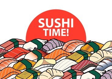 it's a sushi time poster. sushi illustration in light gray color subtracts on dark blue text. white background. multiple exposures.