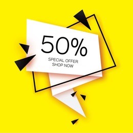 modern paper cut geometric sale banner, special offer, 50 percents discount. origami trendy label tag template. shop now. space for text. yellow background. vector