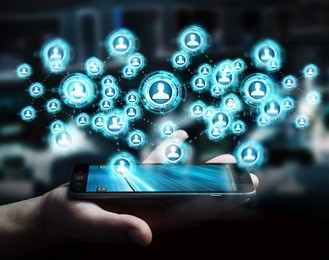 businessman on blurred background using social network interface 3d rendering