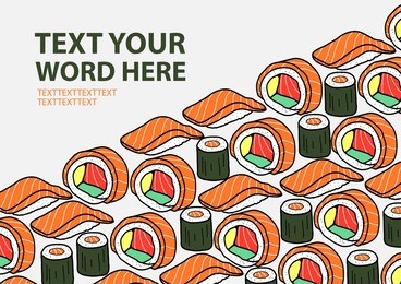 colorful salmon sushi and roll parade on light gray background with text. cover, poster or paper plate mat design. cute japanese food illustration hand drawn style.