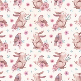 watercolor illustrations of birds and rabbits. seamless pattern