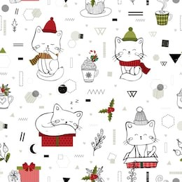 christmas and new year. seamless pattern with hand-drawn cat. all elements are  hidden under mask. pattern are not cropped and can be edited. cute vector illustration. holiday
