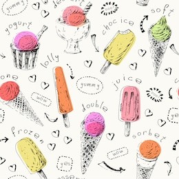sweet dessert seamless pattern. hand drawn ice cream cones and popsicles. ink sketch illustration with colorful shapes for menu or food package design.