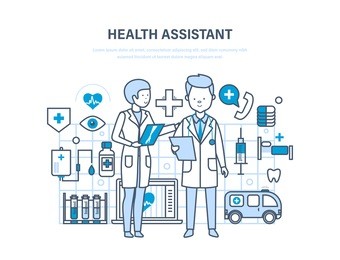 health assistant concept. modern health care system. joint work, assistant doctor. team medical people. illustration thin line design of vector doodles, infographics elements.