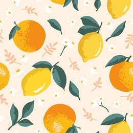 vector summer pattern with lemons, oranges, flowers and leaves. seamless texture design.