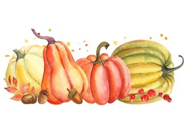 autumn composition of a pumpkin and leaves, watercolor illustration