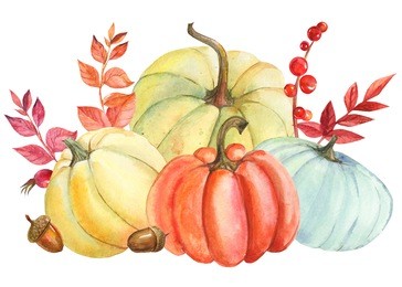beautiful composition of a pumpkin and autumn leaves, watercolor illustration