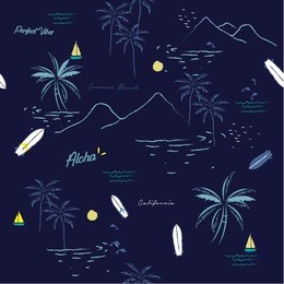 beautiful seamless island pattern on navy blue  background. landscape with palm trees,beach and ocean vector hand drawn style.