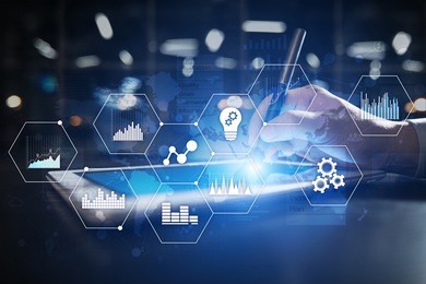 applications icons and graphs on virtual screen. business, internet and technology concept.