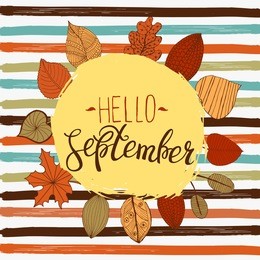 hello september autumn flyer template with lettering. bright fall leaves. poster, card, label, banner design. vector illustration eps10