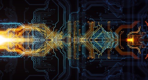 abstract technological background made of different element printed circuit board and flares. depth of field effect and bokeh. 3d illustration/printed circuit board in the server  executes the data