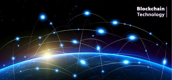 bitcoin and blockchain technology above the planet earth.