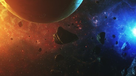 a beautiful colorful space with asteroids with sounds and a planet 3d illustration