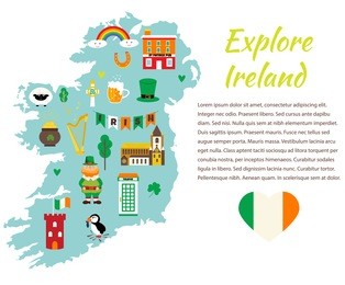 background template with tourist map of ireland with landmarks, symbols and text.