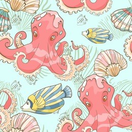 seamless pattern with hand drawn octopus, sea fish and shells. vector illustration