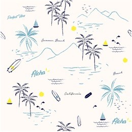 beautiful seamless island pattern on white background. landscape with palm trees,beach and ocean vector hand drawn style.
